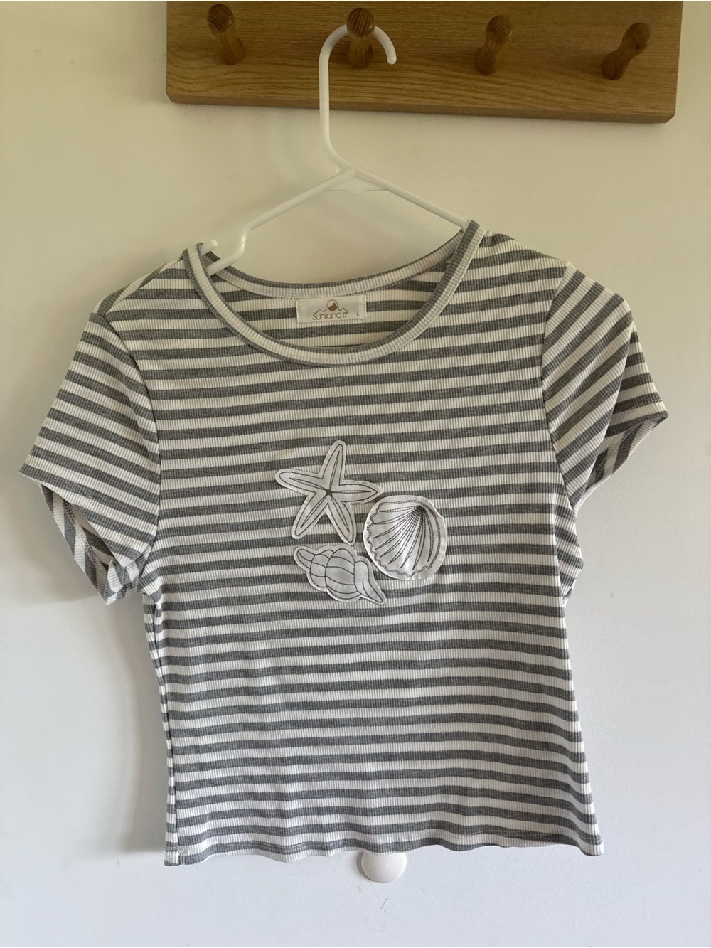 Sundry Gray & White Striped Short Sleeve Tee with Seashell Appliqués